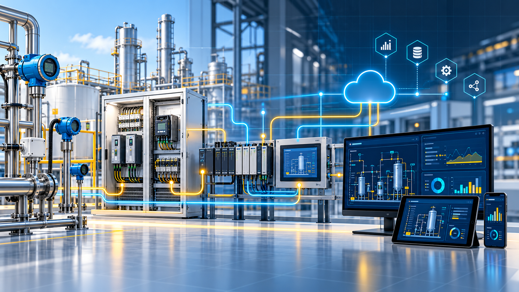 Integrated industrial automation, electrical control panels, PLC SCADA, IIoT and digital engineering concept